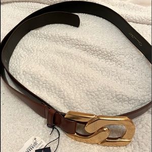 Oscar De La Renta Papaya Color Leather Belt With Gold Figure 8 Buckle